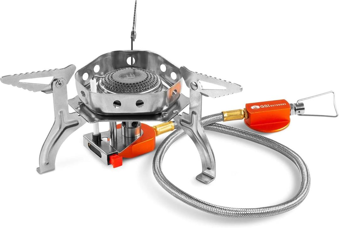 GSI Outdoors Remote Canister Stove  Compact Foldable Camping Stove with Piezo Ignition, 11,000 BTU Output, and Stable Stand Design