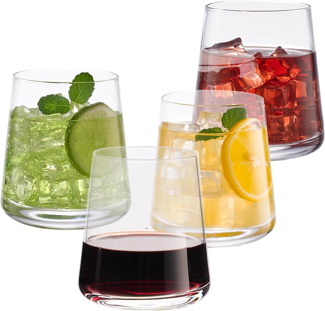 Stemless Wine Glasses Set of 4, 13.5 oz Hand-blown Whiskey Glasses for Red and White Wine, Universal Drinking Glasses for Water, Juice, Thickened Base & Dishwasher Safe, SWG-400-4