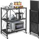 Foldable Storage Shelves with Wheels, Folding Shelving Units Storage, Heavy Duty Metal Collapsible Shelf No Assembly, Large Capacity Pop-Up Organizer for Garage,Kitchen,Living Room, 3-Tier Black