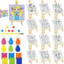Tenceur 48 Pcs Kids Paint Party Favors Sets with 12 Pcs Unicorn Girl Cake Pre Drawn Canvas Panel and Wooden Easel Set Paint Pots and Brushes 12 Mini Apron and Tote Bag for Kids Girls Student Boys