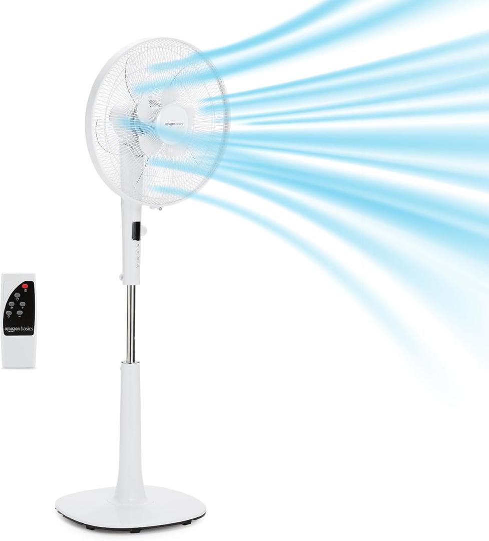 Amazon Basics 16-inch Quiet DC Motor Standing Floor Fan for Bedroom, 12 Speed with Remote, 3 Breeze Modes, Adjustable Height, Dual-Layered Blades, Timer, Energy Efficient (28W), White