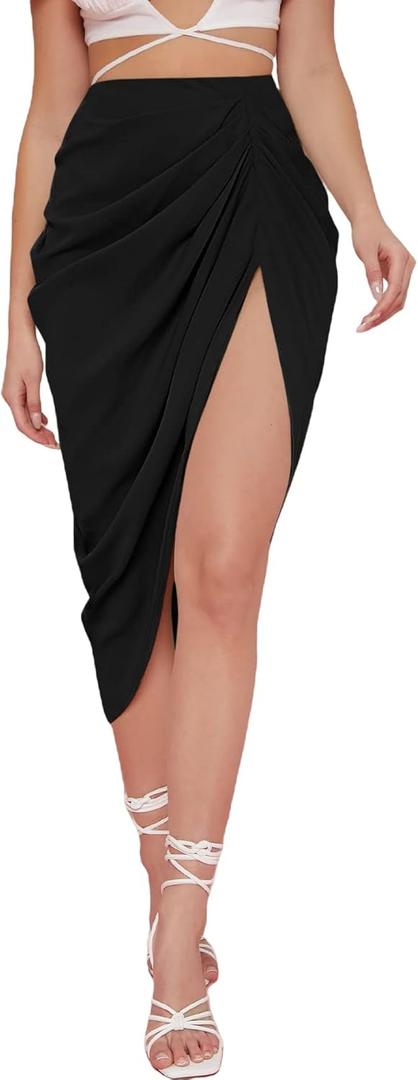 WDIRARA Women's Skirts Split Thigh Front Satin Skirt High Waist Ruched Zip Back WrapMidi Skirt (Large, Black)