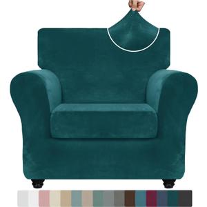 Luxury Velvet Chair Slipcovers with Arms 2 Piece Stretch Chair Covers for Living Room Soft Armchair Slipcover Anti Slip Dog Pet Friendly Furniture Protector (Deep Teal),30"-47"(1 Cushion)