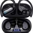 GNMN Active Noise Cancelling Ear Buds Wireless Earbuds 96hrs Playback Bluetooth Headphones Dual Battery Display Stereo Bass Earphones with Earhooks Microphone IPX7 Waterproof for Sports/Runing/Workout