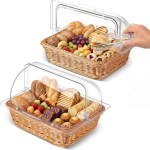 2 Set Wicker Bread Baskets for Serving with Clear Acrylic Roll Top Lid Woven Rattan Bread Basket Large for Fruit Food Picnic Summer Pool Party Outdoor BBQ(13.78 x 10.63 Inch,1 Compartment)