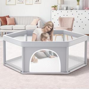 Baby playpen, 65x65 Inch Hexagonal playpen for Babies and Toddlers, Baby Fence Play Pens for Indoor & Outdoor, Sturdy Safety Play Yard with Soft Breathable Mesh, Anti-Fall, Grey