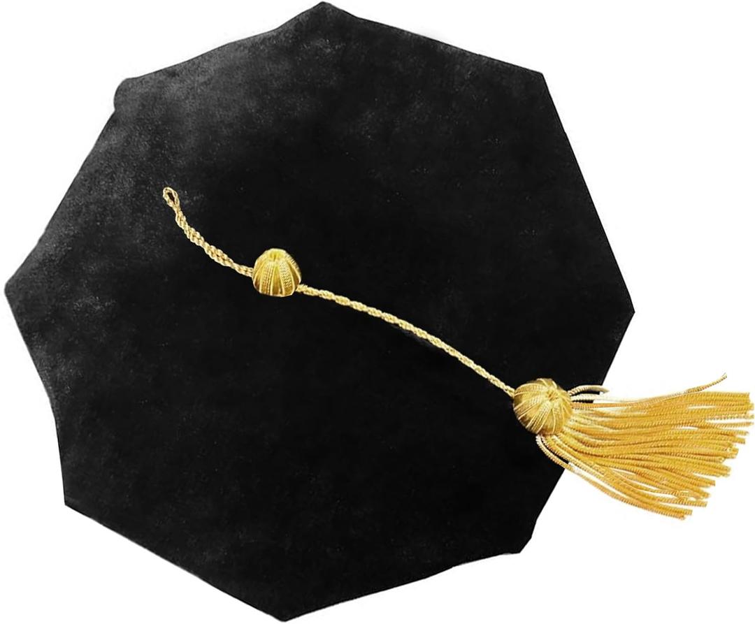 Unisex Doctoral Tam with Gold Bullion Tassel Black Velvet 8 Sided Graduation Tam One Size