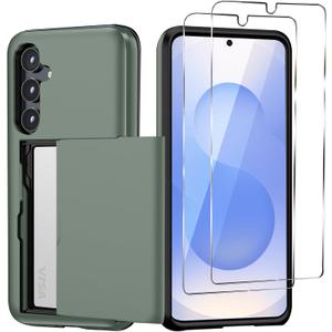 for Samsung Galaxy S25 Wallet Case with Card Holder, 2X Screen Protector Dual Layer Heavy Duty Protective Hidden Card Slot Slim Case for Galaxy S25 6.2" 2025 (Deep Green)