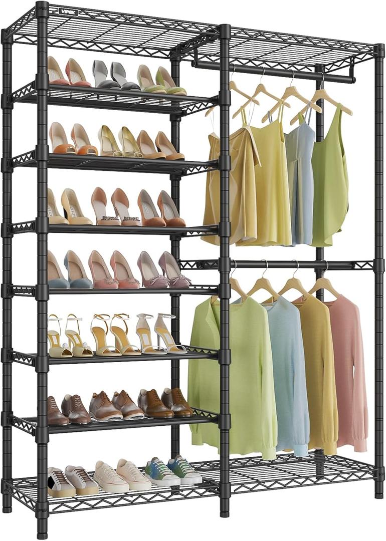 VIPEK S2 Heavy Duty Clothes Rack with Shoe Shelves Freestanding Clothing Rack with 6-Tier Shoe Rack, Double Hanging Rod, Adjustable Shelf, Walk in Closet Organizer Garment Rack, Black