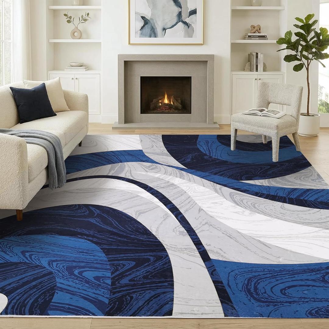 Washable Area Rug for Living Room, Indoor, Dinig Room  Soft Pile Non-Slip Rug for Kitchen  Modern Contemporary Design Machine Washable Carpet, Foldable Rug, Easy to Clean  (8X10-Dark Blue) (9'8" x 7'7" (Rectangular))