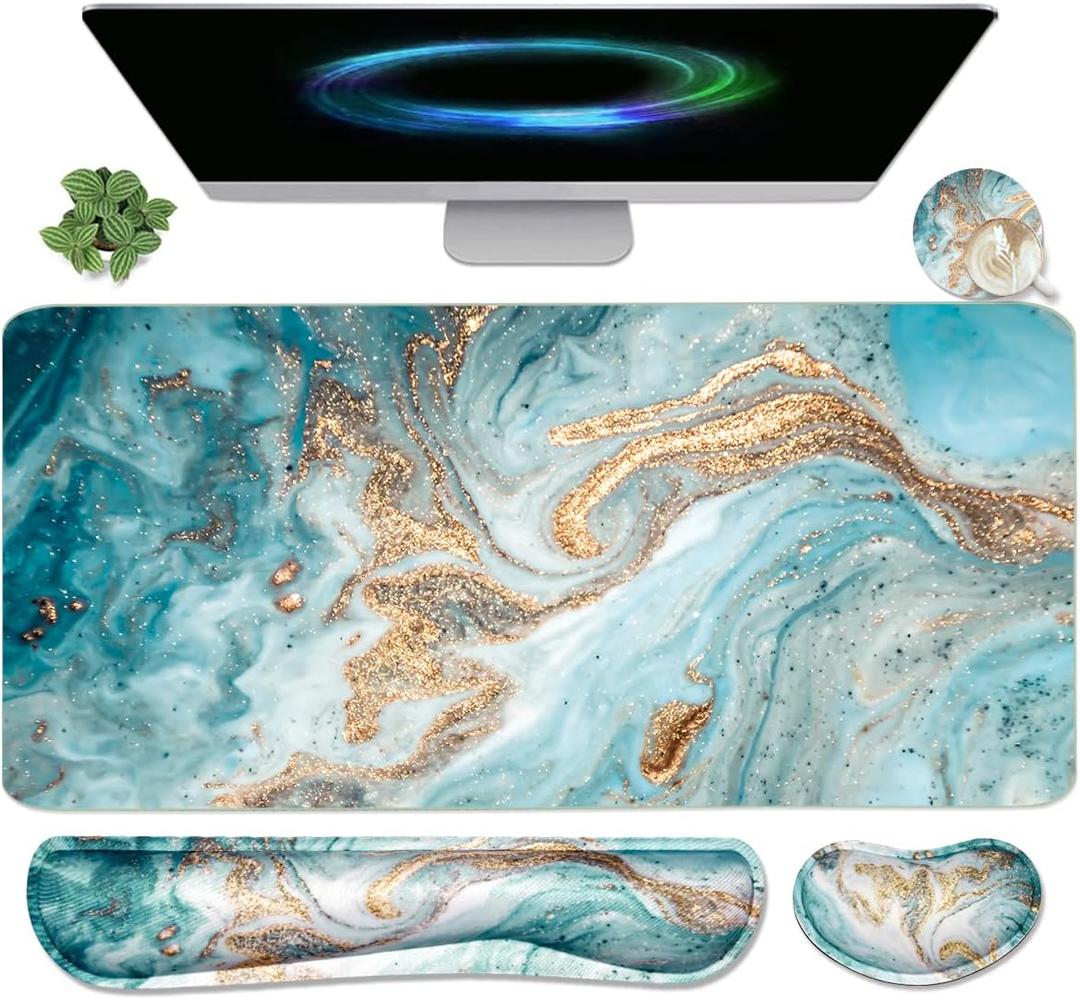 Keyboard Mouse Pad Set, Extended Mouse Pad+Keyboard Wrist Rest Support, Memory Foam Ergonomic Easy Typing, 3Pcs (35.415.7 in) Desk Pad Set for Home Office Study Game-Green Marble