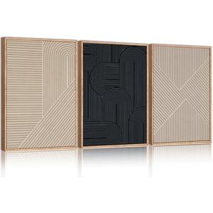 LHIUEM Large Neutral Minimalist Line Framed Canvas Wall Art Set, Boho Black and Beige Wall Decor, Abstract Geometric Modern Art Painting Painting for Living Room, Bedroom, Dining Room, Office -16"x24"x3