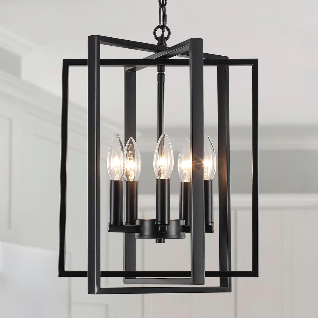 Black Modern Farmhouse Chandelier for Dining Room, 5-Light Pendant Lights Fixtures for Kitchen Island, Foyer Lighting Fixtures High Ceiling for Entryway Hallway Living Room Bedroom