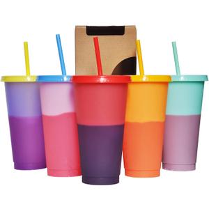 Color Changing Cups, 5 Pack 24oz Plastic Tumblers, Reusable Iced Coffee & Smoothie Cups with Lids and Straws for Parties and Travel