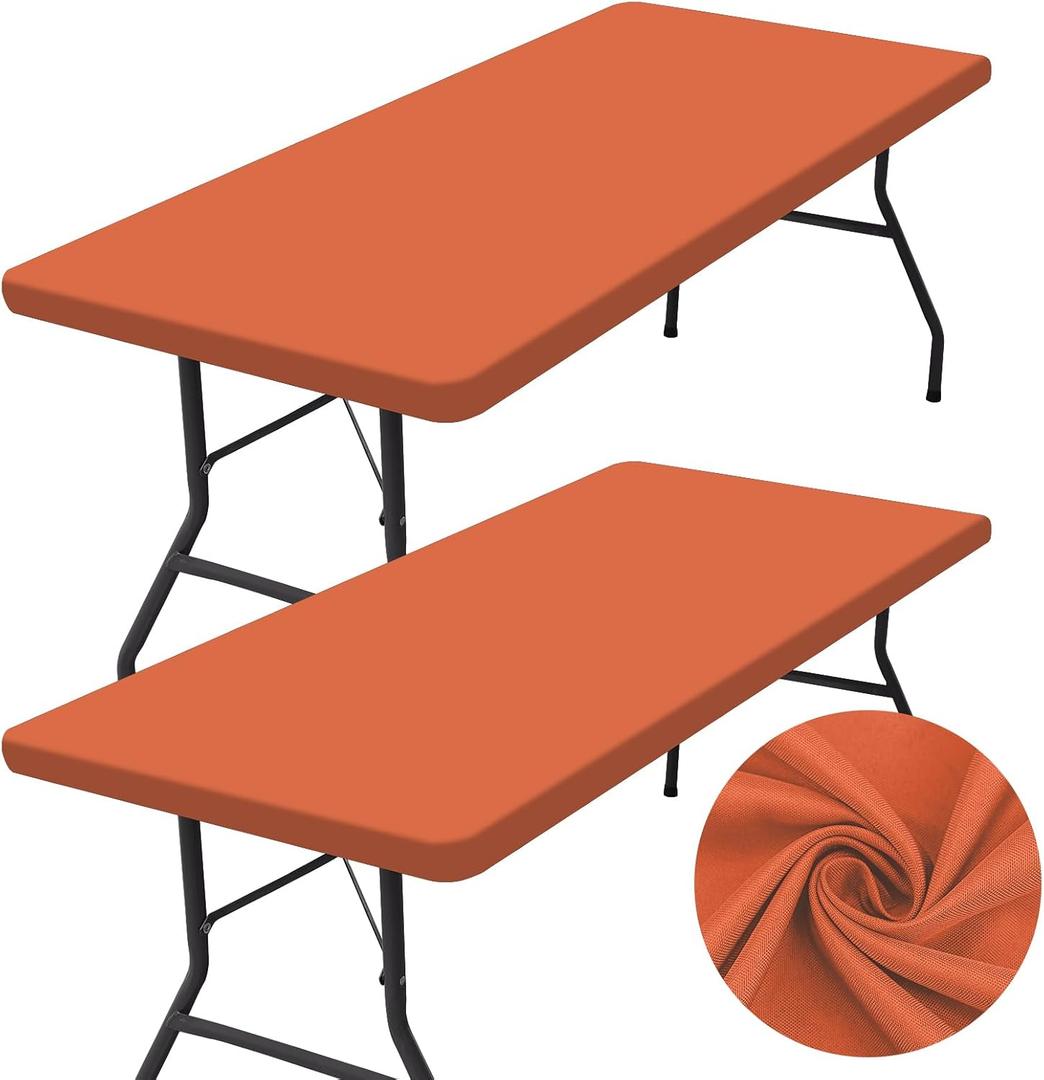 Homing 2 Pack Rectangle Table Cloth, Elastic Fitted Fabric Tablecloth Fits for 6 Foot Folding Tables, Washable Table Cover for Picnic, Camping, Indoor & Outdoor (Orange, 30" x 72")