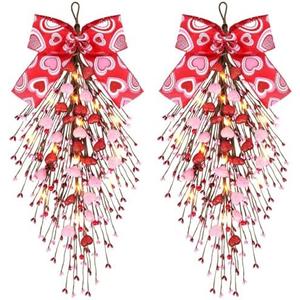 2 PCS 24" Valentine’s Day Glitter Heart Teardrop Swag Valentines Wreaths for Front Door Artificial Red Pink Hearts Shaped Berry Swags Wreath with Love Ribbon Wall Hanging Decor for Outdoor Window Home