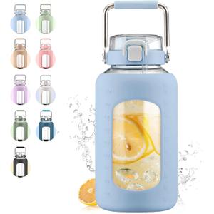 WINSA 84oz Glass Water Bottle with Stainless Steel Handle,2.5L Gallon Water Bottle with 2-IN-1 Straw Lid, Silicone Sleeve and Motivational Capacity Marker, Wide Mouth Water Jug For Gym, Workout, Blue