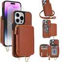 Phone Case for iPhone 14 Pro Wallet Zipper Handbag Cover Screen Protector Crossbody Lanyard Strap 2-in-1 Detachable Compatible with MagSafe RFID Blocking iPhone14Pro iPhone14 14Pro Women Brown