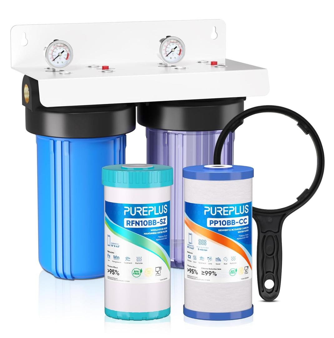 PUREPLUS 2-Stage Whole House Water Filtration System, Reduces Chlorine, Odor, Heavy Metals, Iron, Manganese, 10"x4.5" Clear Housing, 1" Inlet/Outlet, PP Sediment & Iron Filter, with Pressure Gauges