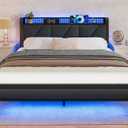 Furnulem Queen Bed Frame with Headboard and Storage Shelf, LED Light and Charging Station, Metal Platform Bed with Heavy Duty Slats, No Box Spring Needed, Noise Free & Easy Assembly