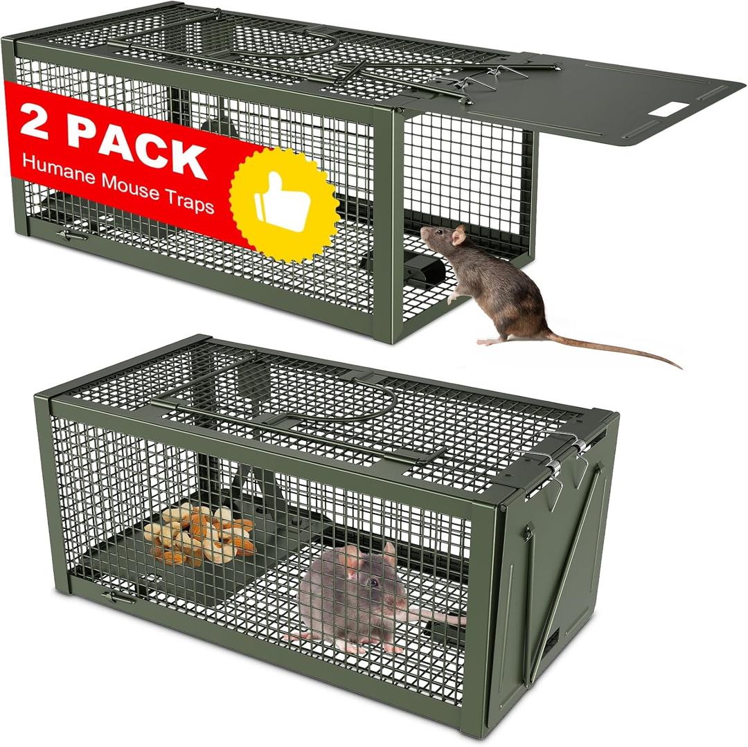 2 PCS Humane Mouse Rat Traps, Mice Chipmunk Squirrel Traps, and Other Live Animal Cage Catch and Release for Indoor and Outdoor-Green