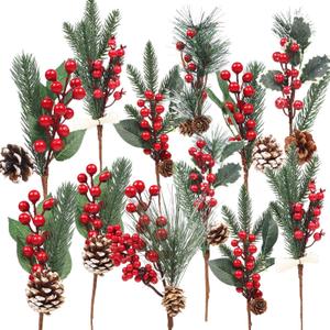 DR.DUDU 12 Pack Artificial Berry Twigs for Christmas Tree Decoration, DIY Christmas Red Berry Stems for Crafts Wreath Garland Ornaments, 6 Designs