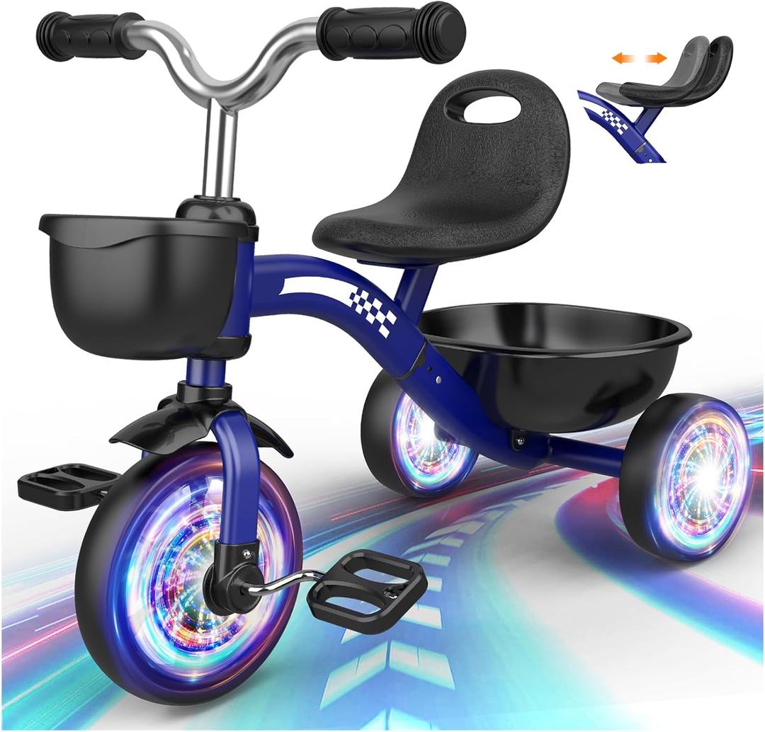 Toddler Tricycle for 1-3 3-4 Year Olds, Toddler Toys Baby Bike, Toys for Ages 2-4, 3-Level Adjustable Seat, 3 Colorful Lighting Wheels, 2 3 4 Year Old Girl Boy Birthday Gifts (Blue)