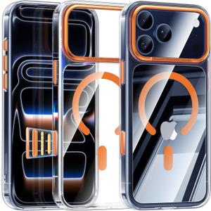 Maledan for iPhone 17 Pro Max Case Clear Orange - Aluminum Camera Frame Magnetic 17 Pro Max Case Fit for Mag Safe, Camera Control, Transparent Military Shockproof Phone Cover for iPhone 17 Pro Max