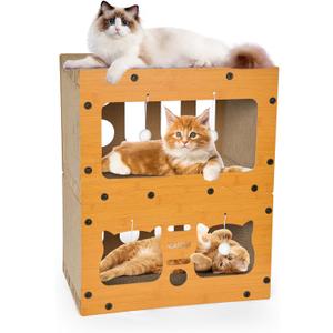 Cardboard Cat House, Double Layer Cat Scratcher House for Indoor Cats, Scratch & Sleep 2 in 1 Design, Durable & Easy to Assemble Scratching Bed with Scratching Board and Hanging Ball Toy Cardboard Cat House, Double Layer Cat Scratcher House for Indoor Cats, Scratch & Sleep 2 in 1 Design, Durable & Easy to Assemble Scratching Bed with Scratching Board and Hanging Ball Toy