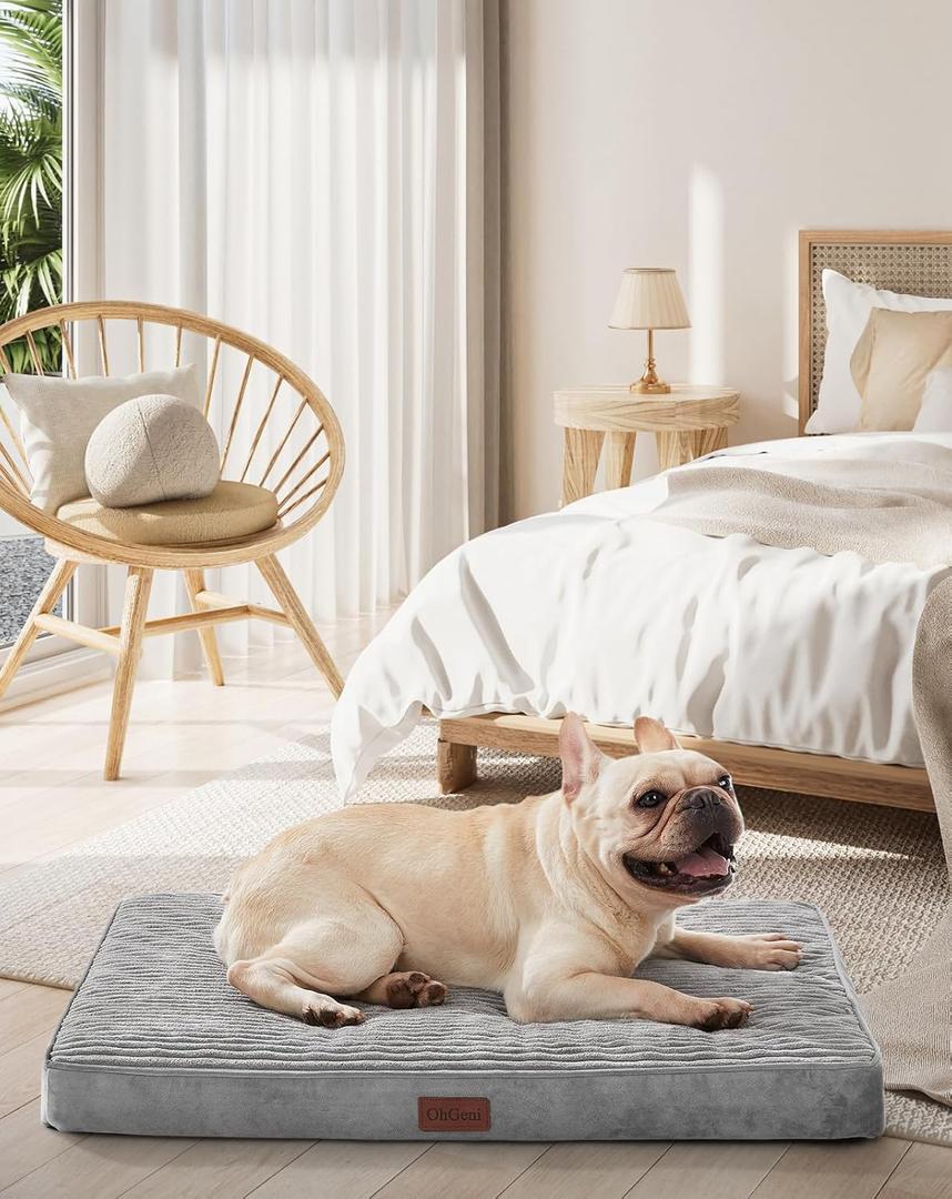 OhGeni 30 Inch Orthopedic Waterproof & Machine Washable Dog Bed for Small Medium Pets, Suitable for Crates, 25D Egg Crate Foam, Non-Slip Bottom & Removable Cover, Invisible Zipper(Gray) (30"L x 20"W x 3"Th (Crate-Friendly), 01-Gray)