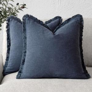 Foindtower Set of 2 Decorative Linen Fringe Throw Pillow Covers Cozy Boho Farmhouse Cushion Cover with Tassels Soft Accent Pillowcase for Couch Sofa Bed Living Room Home Decor,1818 Inch,Navy Blue (18" x 18" (Pack of 2), Navy Blue)
