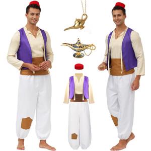 7 Pcs Men's Arab Prince Costume Fairy Tale Suits Halloween Cosplay Party Suit (Medium, White)