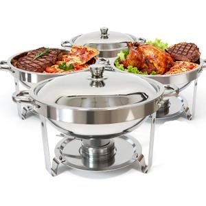 6QT Chafing Dishes for Buffet, 304 Stainless Steel Food Pan with, Round Chafing Dish Buffet Set of 4 Pack Food Warmer, Food Warmers for Parties Buffet Catering Events Dinners, Silver