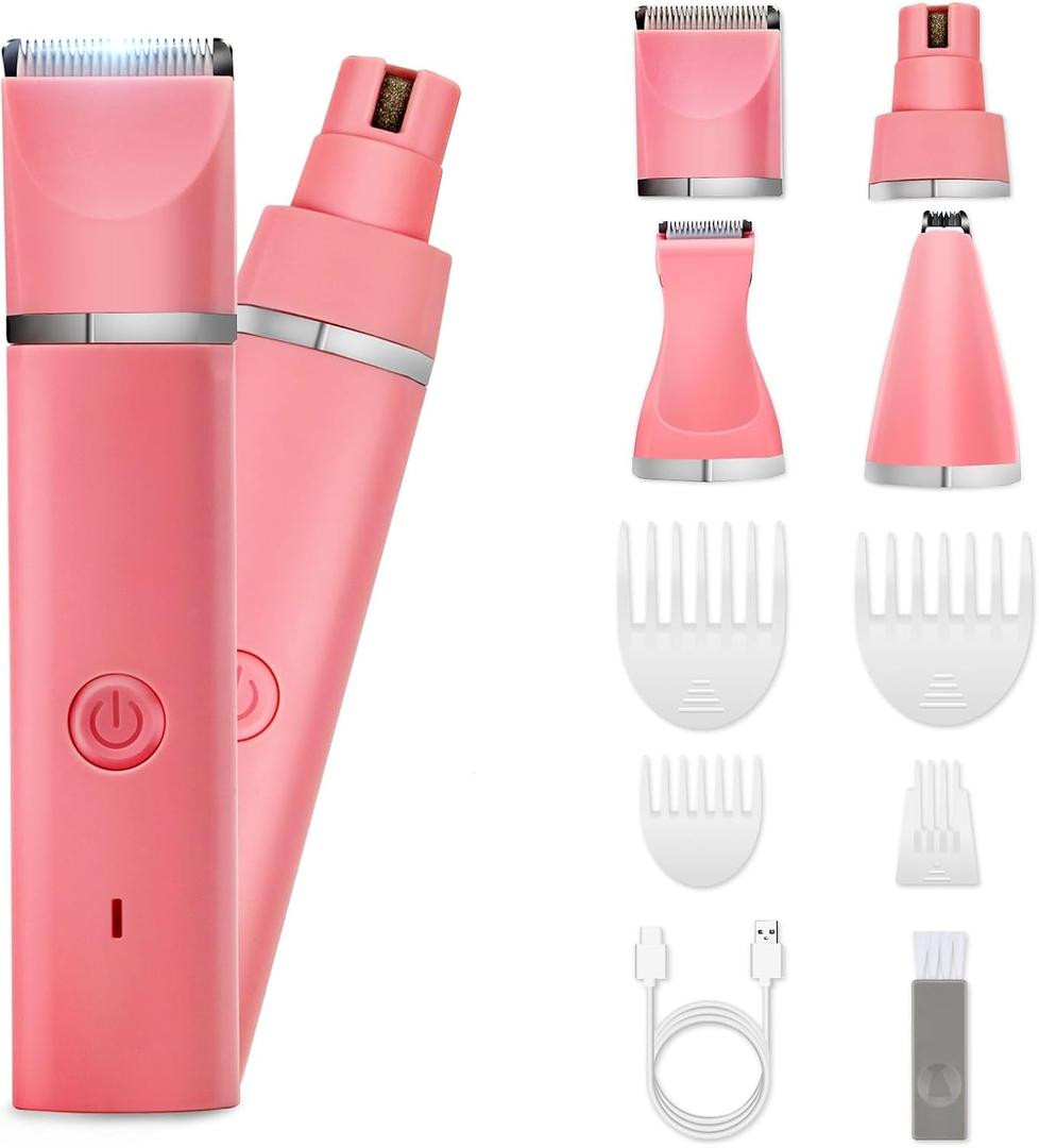 Veeconn Dog Grooming Clippers Kit-Electric Rechargeable Cat Trimmer Tools-Cordless Quiet Pet Nail Paw Grinder-4 in 1 Multifunctional Low Noise Shaver-Razor for feet Face Ears Toenail Eye (Pink）