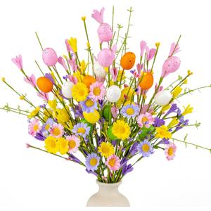 FloralElegance Artificial Easter Flowers with Eggs 10 Pack Easter Floral Picks 17 Inch Forsythia Flowers with Colorful Eggs for Springtime Holidays Vases Flower Arrangements Centerpieces