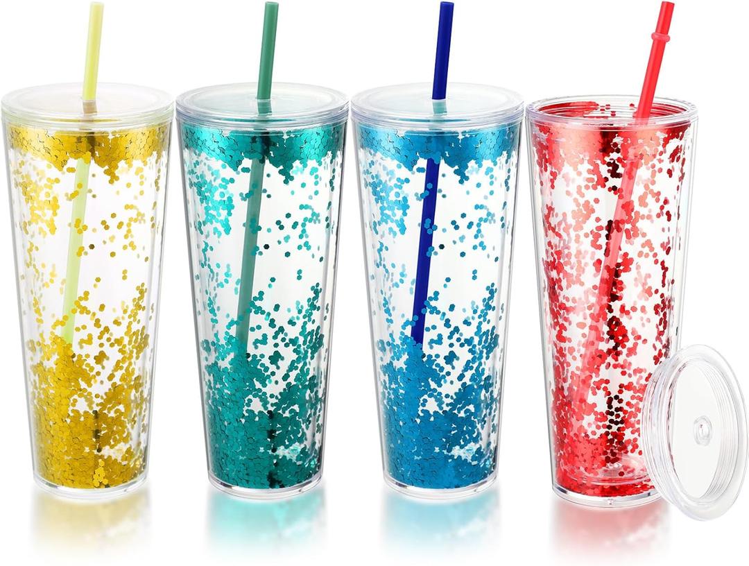Honeydak 4 Pack Snow Globe Tumblers 24 oz Glitter Acrylic Tumbler with Lid and Straw Double Wall Plastic Reusable Cups for Smoothie Iced Coffee Tumblers, Bright Colors 