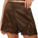 Women's Y2k Satin Lace Shorts Coquette Silky Elastic Waisted Flowy Mini Shorts Cute Going Out Slip Bottoms (Dark Brown Lace, L)