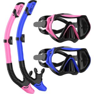 Snorkeling Gear for Adults, JRing Snorkel Mask Set with 180 Degree Tempered Glass Anti Fog Goggles Scuba Dry Top Snorkel for Swimming, Scuba Diving Mask for Men Women (Blue+Pink (2 Pack))