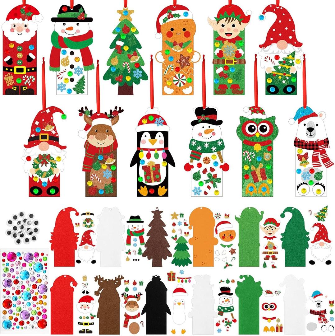 48 Sets Christmas Ornament Crafts Make Your Own Ornament Kits with Christmas Snowman Reindeer Penguin Foam Craft Stickers Bookmarks for Holiday Xmas Winter Favors
