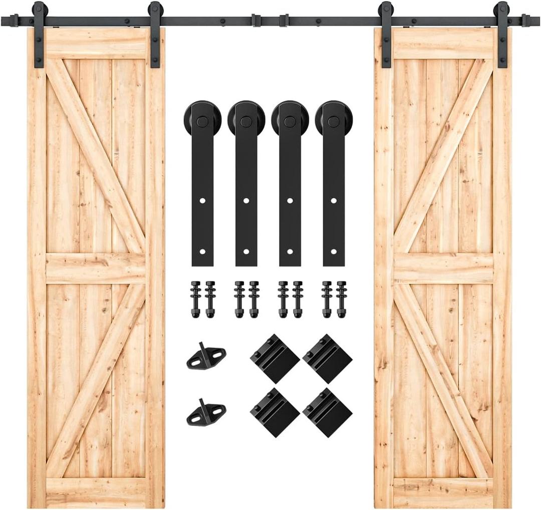SMARTSTANDARD 9FT Heavy Duty Double Door Sliding Barn Door Hardware Kit,Smoothly and Quietly-Easy to Install-Includes Step-by-Step Installation Instruction Fit 27" Wide Door Panel
