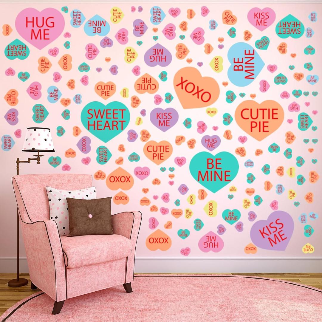 ReliThick 6 Sheets/ 199 Pcs Valentine's Day Wall Decals Removable Love Heart Wall Stickers Conversation Heart Window Stickers Anniversary Romantic Decoration for Wedding Home Party Decor (Romantic)