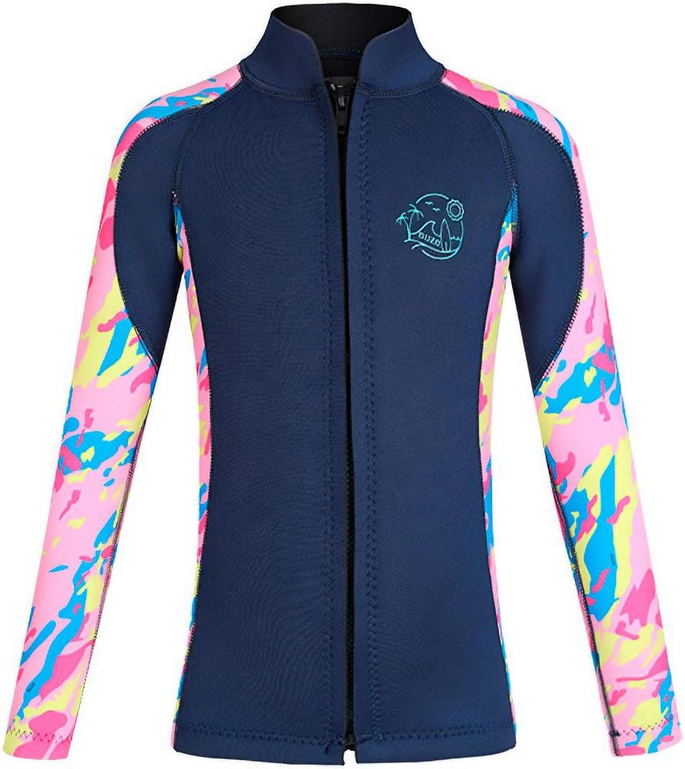 DIVE & SAIL Kids Wetsuit Top 2.5mm Neoprene Front Zip Long Sleeve Wetsuit Jacket for Boys and Girls Wet Suit Top for Surfing Swimming Diving Water Sport, Size L