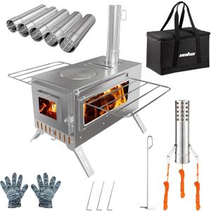 Hot Tent Stove, unho Wood Burning Stove, Portable Wood Stove with 6 Stainless Chimney Pipes for Outdoor Heating & Cooking, Ice Fishing, Hunting,Winter Warmth (15.7*7.6*9.5 in)