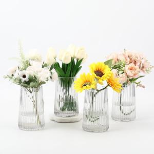 Clear Glass Vases Set of 4, Small Vases for Flowers, Flower Vase for Bouquet, Modern Ribbed Glass Vase for Living Room, Bedroom, Dining Table, Office, Wedding, Centerpieces