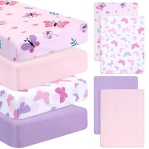 Mixweer 4 Pack Butterfly Baby Crib Sheet Set for Girls Standard Size Crib Toddler Mattresses Soft Breathable Sheets for Baby Gifts Home Nursery Toddler, Pink Purple