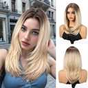 Ombre BlondeWig for Women, Long Straight Layered Style with Natural-Looking Middle Part, Heat Resistant Synthetic Wig for Daily Use