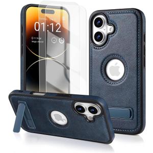 Korecase for iPhone 16 Plus Leather Case 16 Plus Protective Cover,Built-in Invisible Stand [with Screen Protector(2 Packs)] Slim Shockproof Phone Case for Apple iPhone 16Plus 6.7" Blue