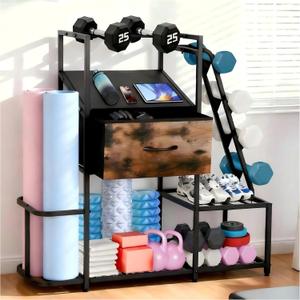 Dumbbell Rack for Home Gym, 5-Tier Metal Home Gym Storage Rack with Drawer and Slanted Shelf, Multi-Functional Organizer for Dumbbells, Yoga Mats & Accessories, Weight Rack for Home Gym Dumbbells