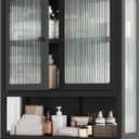 Bathroom Wall Cabinet, Over The Toilet Space Saver Storage Cabinet, Medicine Cabinet with 2 Glass Door and Towel Bar, Metal Wall Mounted Cabinet for Bathroom Laundry Room Kitchen (Upgraded Black)