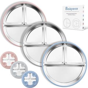 Bakpoco Stainless Steel Suction Plates for Toddlers, 9" Divided Kids Baby Plates with Removable Silicone Suction, Non Toxic Non Slip Portion Control Snack Dishes 3 Packs, Blue Gray Blush